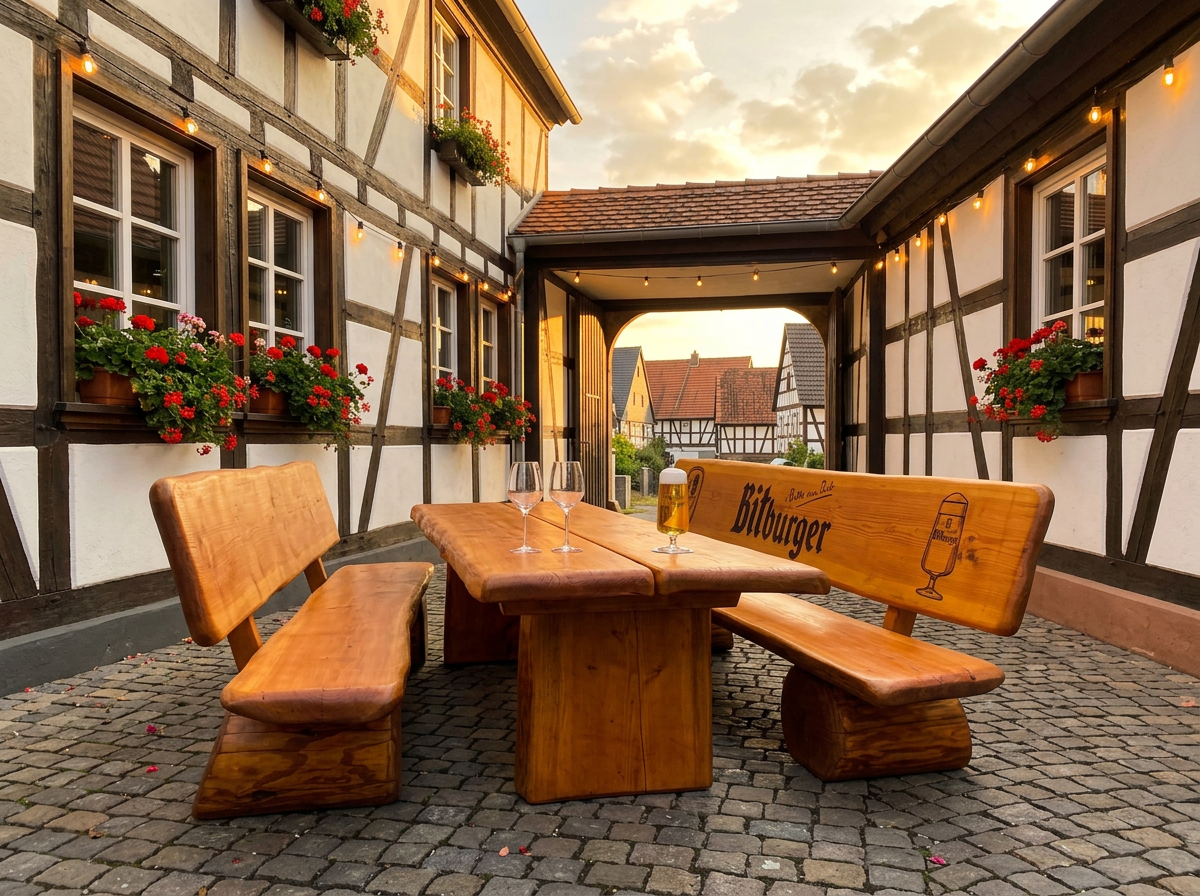 Massivholz-Sitzgruppe mit Bitburger-Gravur in traditionellem Biergarten